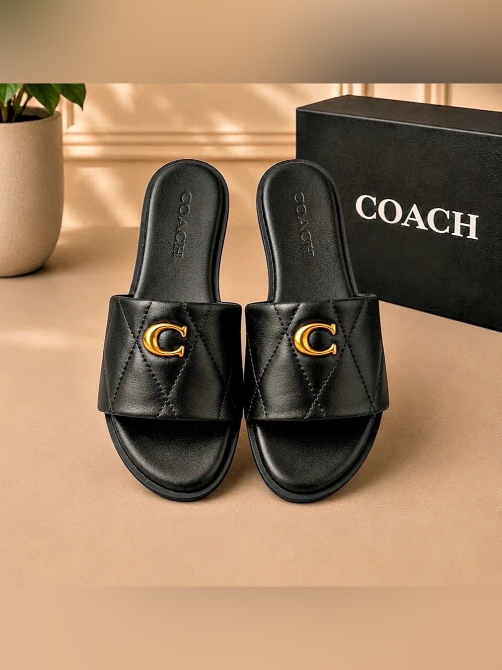 Coach Holly Sandal With Quilting Slide Sandals, Black